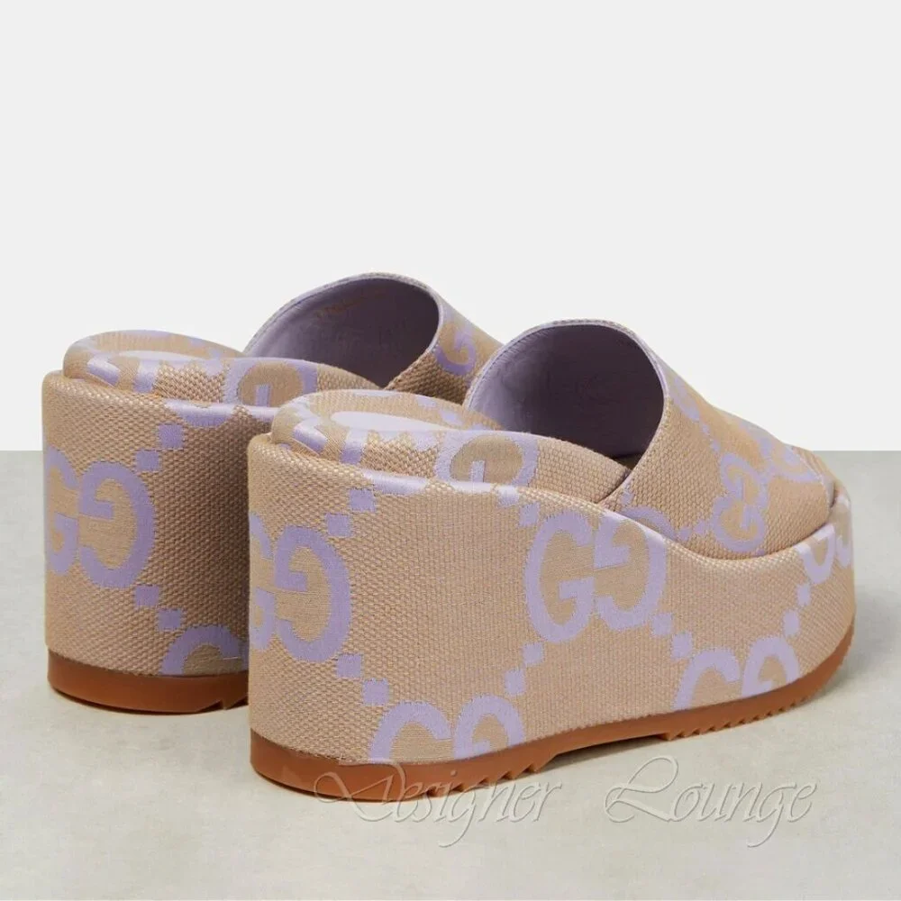NEW GUCCI Macro GG Beige Monogram Canvas Platform Wedges Size EU 40 US 10